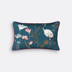Housse de coussin Grue brodée de fleurs et d’oiseaux, dos uni