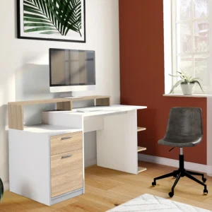 Bureau Vente-unique.com Zacharie blanc et chêne avec étagère et tiroirs