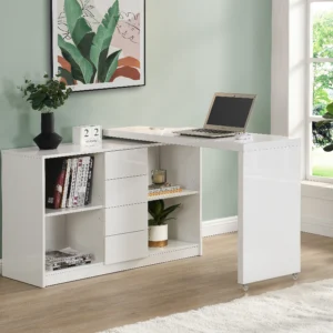 Bureau extensible PAVELO blanc avec plateau pivotant et rangements intégrés