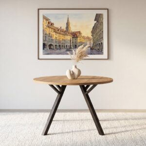 Table à manger Iloa en teinte chêne clair, présentée avec ses dimensions carrées