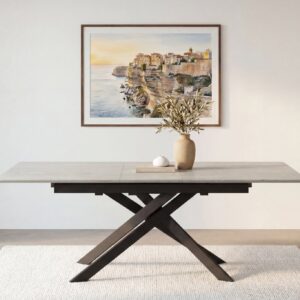 Table à manger Viro grise, présentée avec ses dimensions de 160 × 90 cm