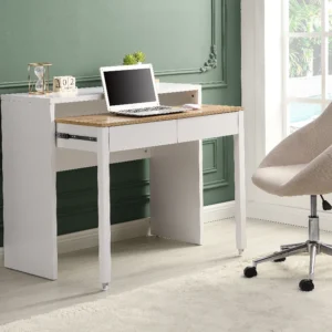 Bureau console extensible LOAVIA blanc et naturel avec deux tiroirs