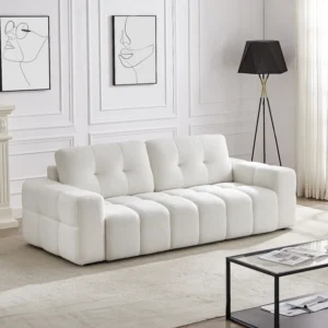 Canapé SOPELANA trois places blanc en tissu bouclette avec accoudoirs
