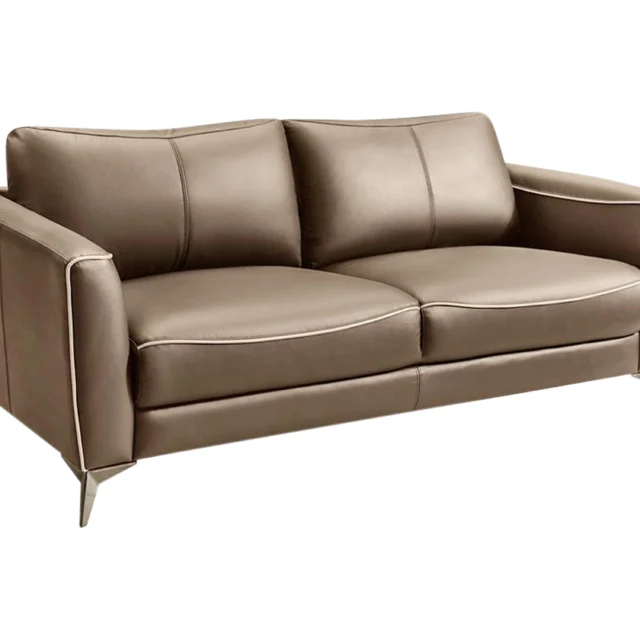 Canapé BATUCO trois places en cuir marron avec passepoil beige