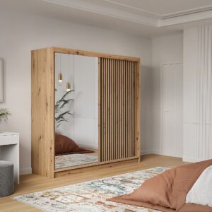Armoire CALOWI à portes coulissantes, miroir intégré et finition naturel et noir