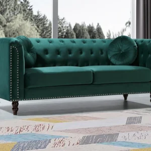 Canapé Vente-unique.com TURNER en velours vert émeraude, style Chesterfield à accoudoirs