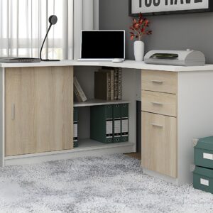 Bureau d'angle NORWY blanc et chêne avec deux portes et deux tiroirs