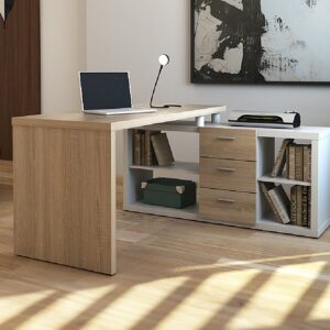 Bureau d’angle Vente-unique.com ALDRIC III blanc et chêne avec rangements latéraux