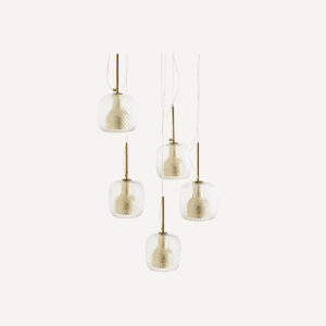 Suspension Mistinguett à cinq globes en verre ciselé et laiton brossé