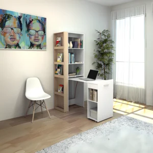 Bureau bibliothèque TUPELIO blanc et naturel clair avec plateau rétractable et niches