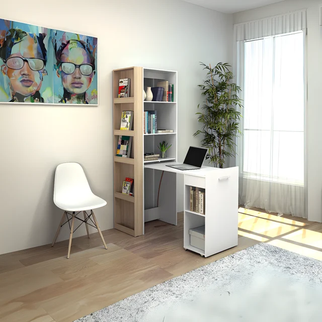Bureau bibliothèque TUPELIO blanc et naturel clair avec plateau rétractable et niches