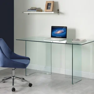 Bureau CLARISSA en verre trempé transparent, plateau rectangulaire et piétement original