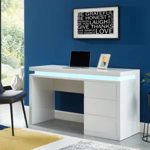 Bureau EMERSON blanc laqué avec trois tiroirs et éclairage LED multicolore