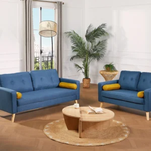 Canapé 2 places TATUM bleu en tissu avec pieds en bois