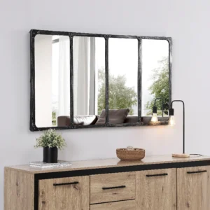 Miroir MAASTRICHT noir de type fenêtre, en métal, à fixer au mur.