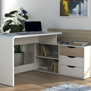 Bureau d'angle DECLAN II blanc et chêne avec trois tiroirs et deux niches