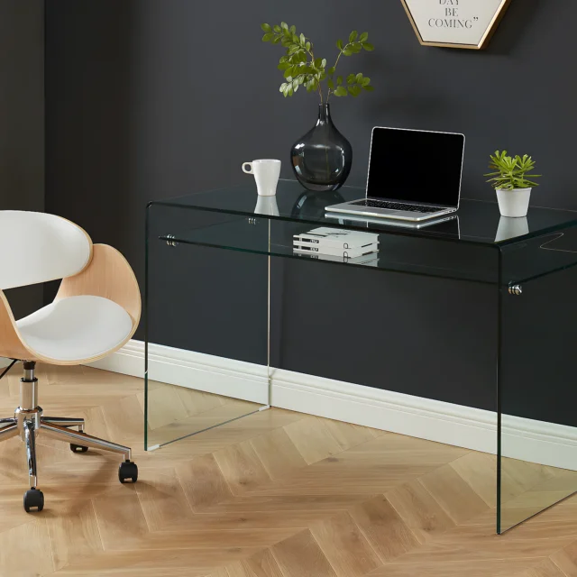 Bureau STILEOS transparent en verre trempé avec une niche intégrée