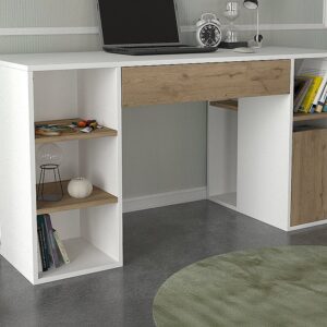 Bureau MELAVA blanc et naturel clair avec tiroirs et niches intégrés