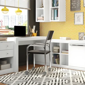 Bureau d’angle EVAN blanc avec tiroirs, portes et niches de rangement