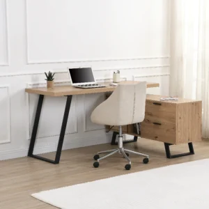 Bureau NAYARO d’angle en MDF naturel et noir avec rangements intégrés