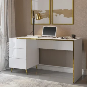 Bureau MARZIALO blanc brillant avec trois tiroirs et piètement doré