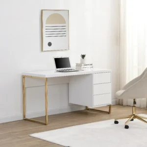 Bureau Vente-unique.com TIMFIA II blanc et doré avec trois tiroirs