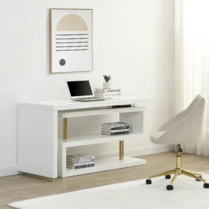 Bureau extensible avec plateau pivotant 360°- MDF laqué - Blanc et doré - NICEPHORE II