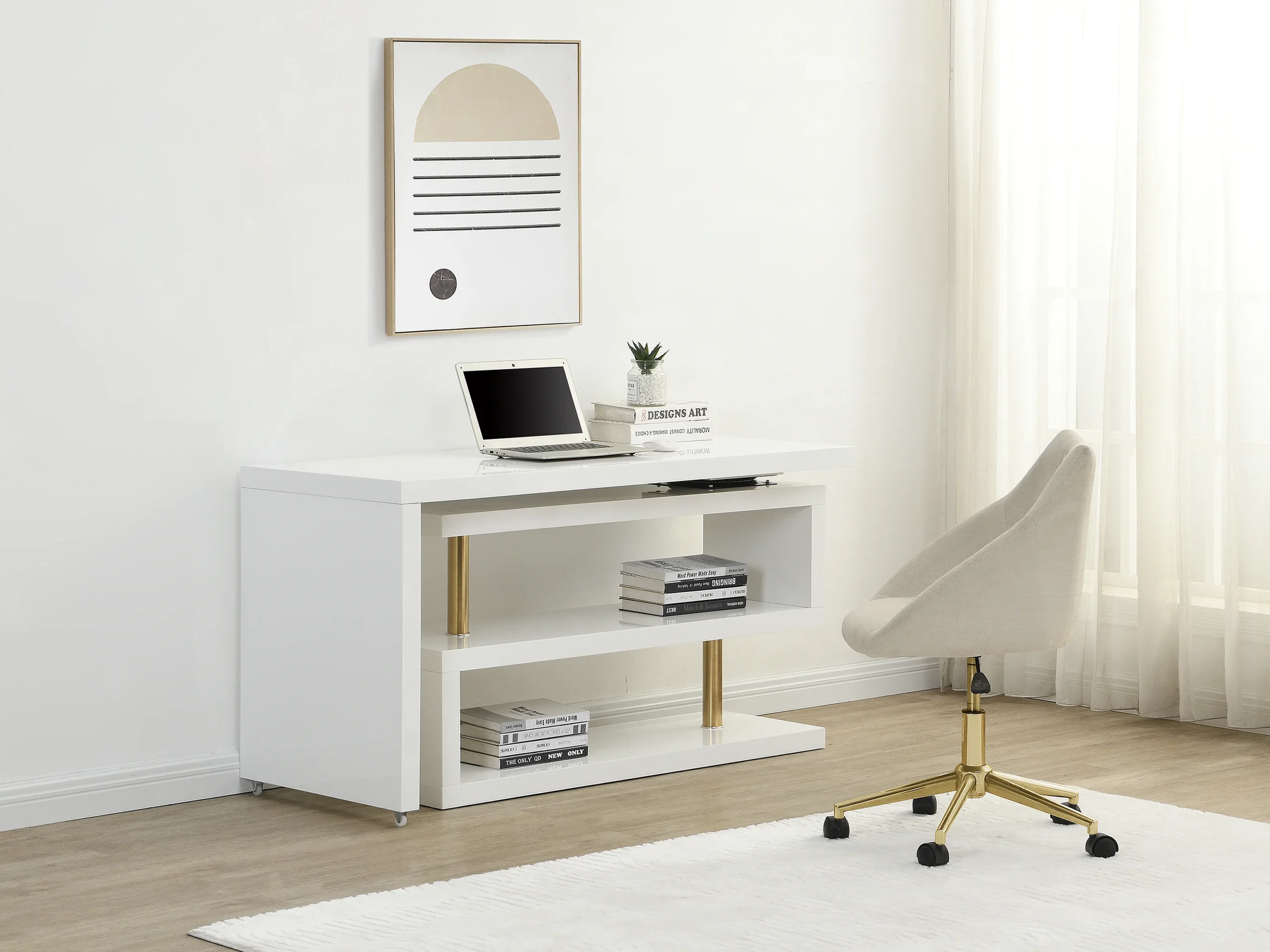Bureau extensible avec plateau pivotant 360°- MDF laqué - Blanc et doré - NICEPHORE II