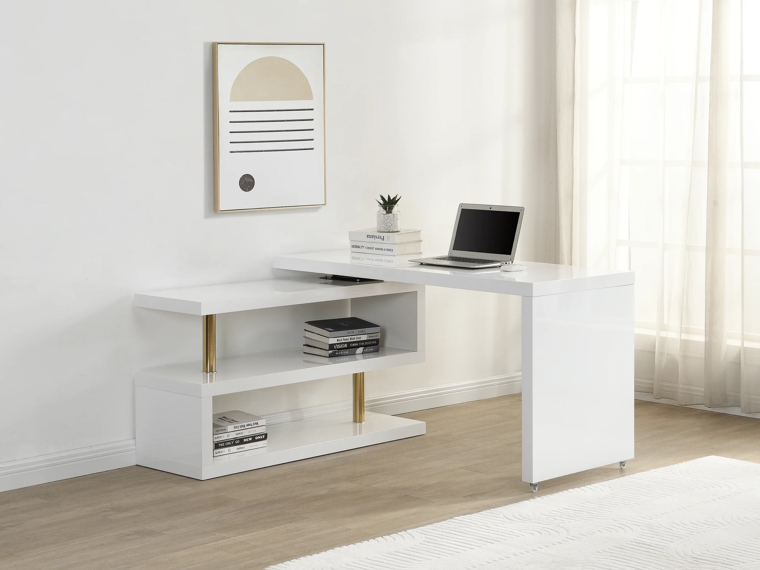 Bureau extensible avec plateau pivotant 360°- MDF laqué - Blanc et doré - NICEPHORE II