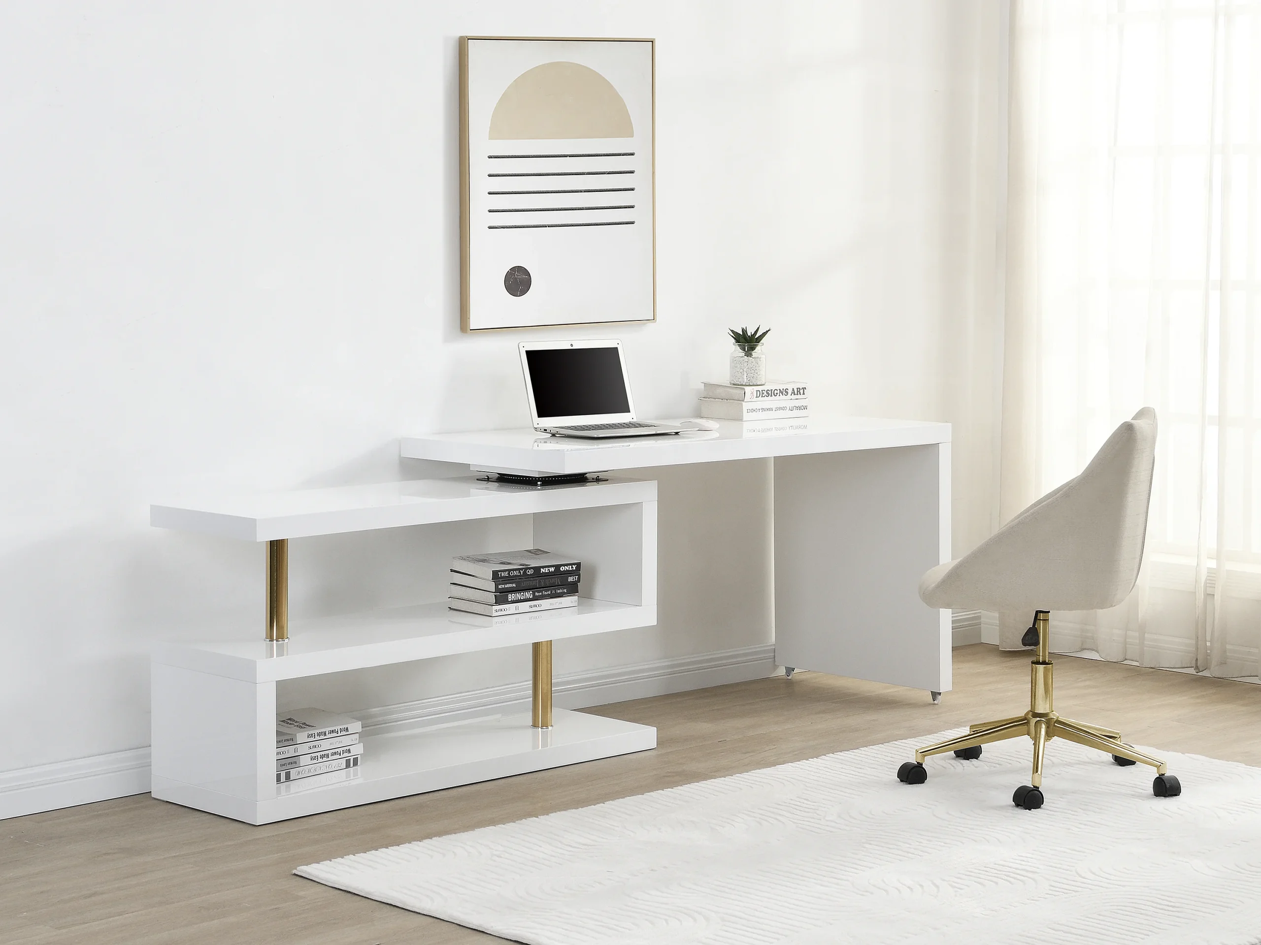 Bureau extensible avec plateau pivotant 360°- MDF laqué - Blanc et doré - NICEPHORE II