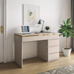 Bureau VUKIA beige à cinq tiroirs avec détails dorés et plateau rectangulaire