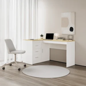 Bureau RIDOVA blanc et naturel clair avec tiroirs et placard