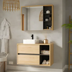 Armoire de toilette PURNAL naturelle avec miroir, portes et niches ouvertes