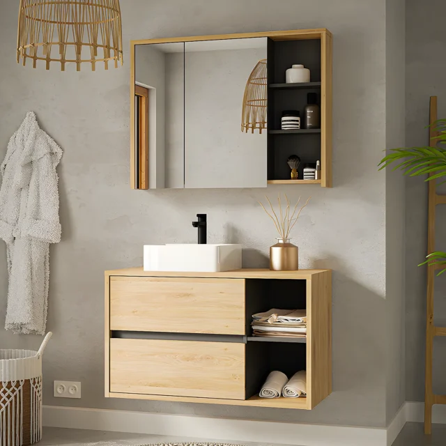 Armoire de toilette PURNAL naturelle avec miroir, portes et niches ouvertes