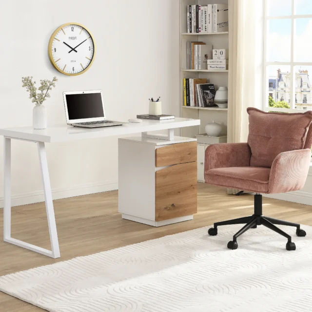 Bureau GOTAMA naturel et blanc avec tiroir, porte et piètement en acier