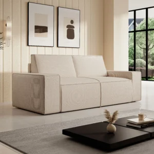 Canapé AMELIA trois places beige en tissu texturé avec accoudoirs