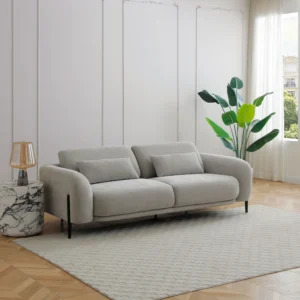 canapé ARAVIO en tissu gris clair, dossier relevable et pieds noirs