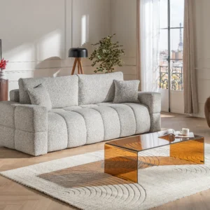 Canapé ISSORO convertible gris clair chiné avec accoudoirs et coffre intégré