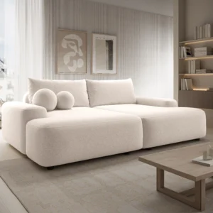 Canapé DAVISO trois places en tissu chiné crème avec assise profonde