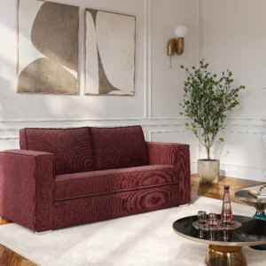 Canapé convertible LORETO bordeaux en chenille, trois places et couchage déplié