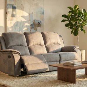 Canapé relax HERNANI gris en microfibre, trois places et accoudoirs.