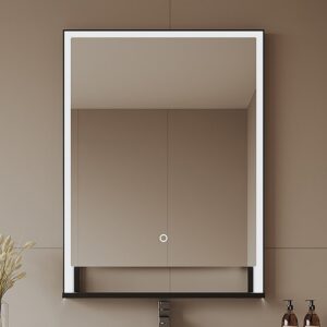 Miroir VALONERA rectangulaire lumineux avec étagère et contour noir mat