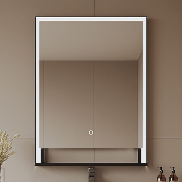 Miroir VALONERA rectangulaire lumineux avec étagère et contour noir mat