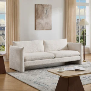 Canapé 3 places GORAZI beige en chenille avec accoudoirs et assise fixe