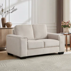 Canapé EMBAPO beige texturé à deux places avec accoudoirs et pieds courts