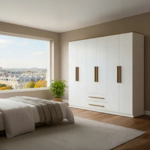 Armoire DELIRANO blanche à six portes, deux tiroirs et quatre penderies
