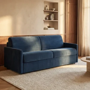 Canapé convertible CALIFE trois places en velours bleu nuit avec couchage express