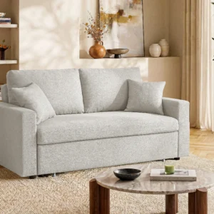 Canapé convertible INIZOR beige à accoudoirs, présenté en configuration trois places.