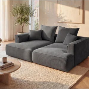 Canapé PINETA trois places en velours côtelé gris anthracite à assise profonde