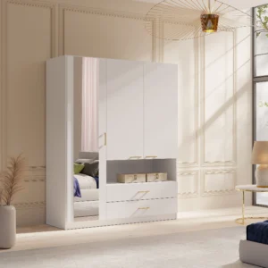 Armoire Vente-unique.com LYRIANO blanche à trois portes avec miroir et niche
